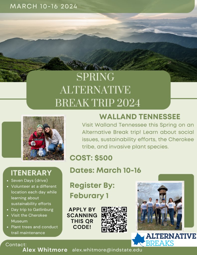 The Center for Community Engagement will be traveling to Walland, Tennessee for an alternative break trip during spring of 2024! During the trip, students will volunteer at a different location each day while learning more about sustainability efforts!
#istatecomm