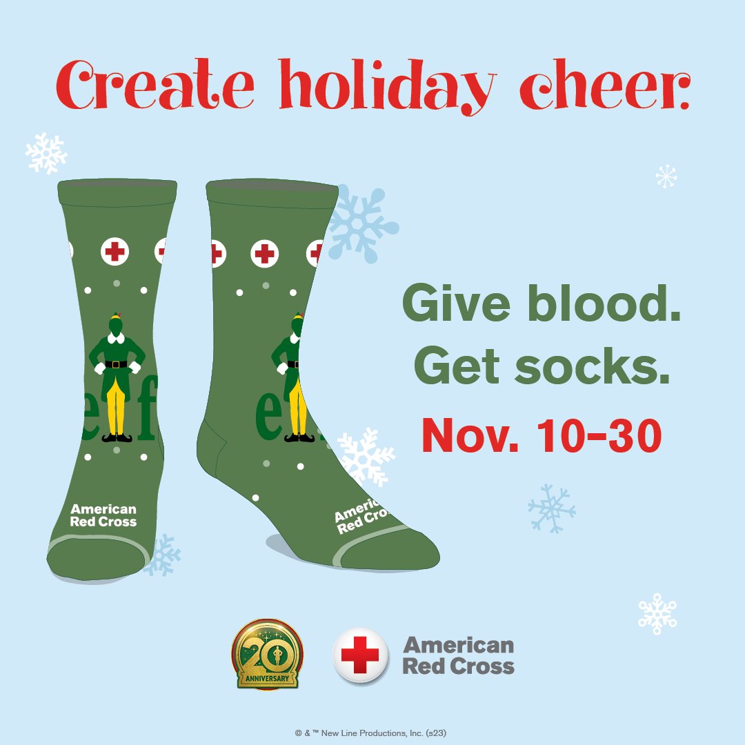 ✨ This is sure to make you smile! ✨ When you come to give blood or platelets Nov. 10-30, we’ll give thanks with a pair of officially licensed Elf + Red Cross socks, while they last! Create holiday cheer. Give blood or platelets: rcblood.org/appt #Elf20th