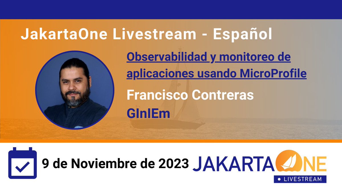 JakartaOne Livestream en Español (@jakartaonees) on Twitter photo Únete a <a href="/Frank_JCG/">Francisco Contreras 🇳🇮</a> en <a href="/JakartaOneES/">JakartaOne Livestream en Español</a> donde aprenderás a utilizar las características de MicroProfile para mejorar la observabilidad y el monitoreo en aplicaciones empresariales basadas en microservicios. Enlace de la sesión: hubs.la/Q028bGHL0
#JakartaOneHispano Únete a <a href="/Frank_JCG/">Francisco Contreras 🇳🇮</a> en <a href="/JakartaOneES/">JakartaOne Livestream en Español</a> donde aprenderás a utilizar las características de MicroProfile para mejorar la observabilidad y el monitoreo en aplicaciones empresariales basadas en microservicios. Enlace de la sesión: hubs.la/Q028bGHL0
#JakartaOneHispano