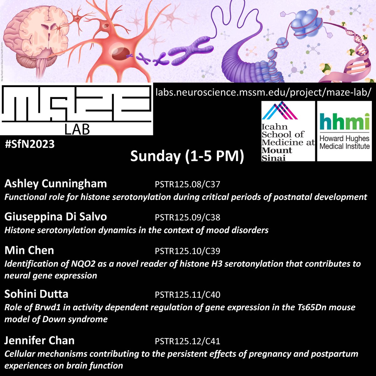 If you'll be in DC this weekend for #SfN23, stop by and check out 5 posters from some of our lab's amazing postdocs/students, focused on everything from H3 serotonylation and mood disorders to the molecular impact of pregnancy experience on CNS plasticity!