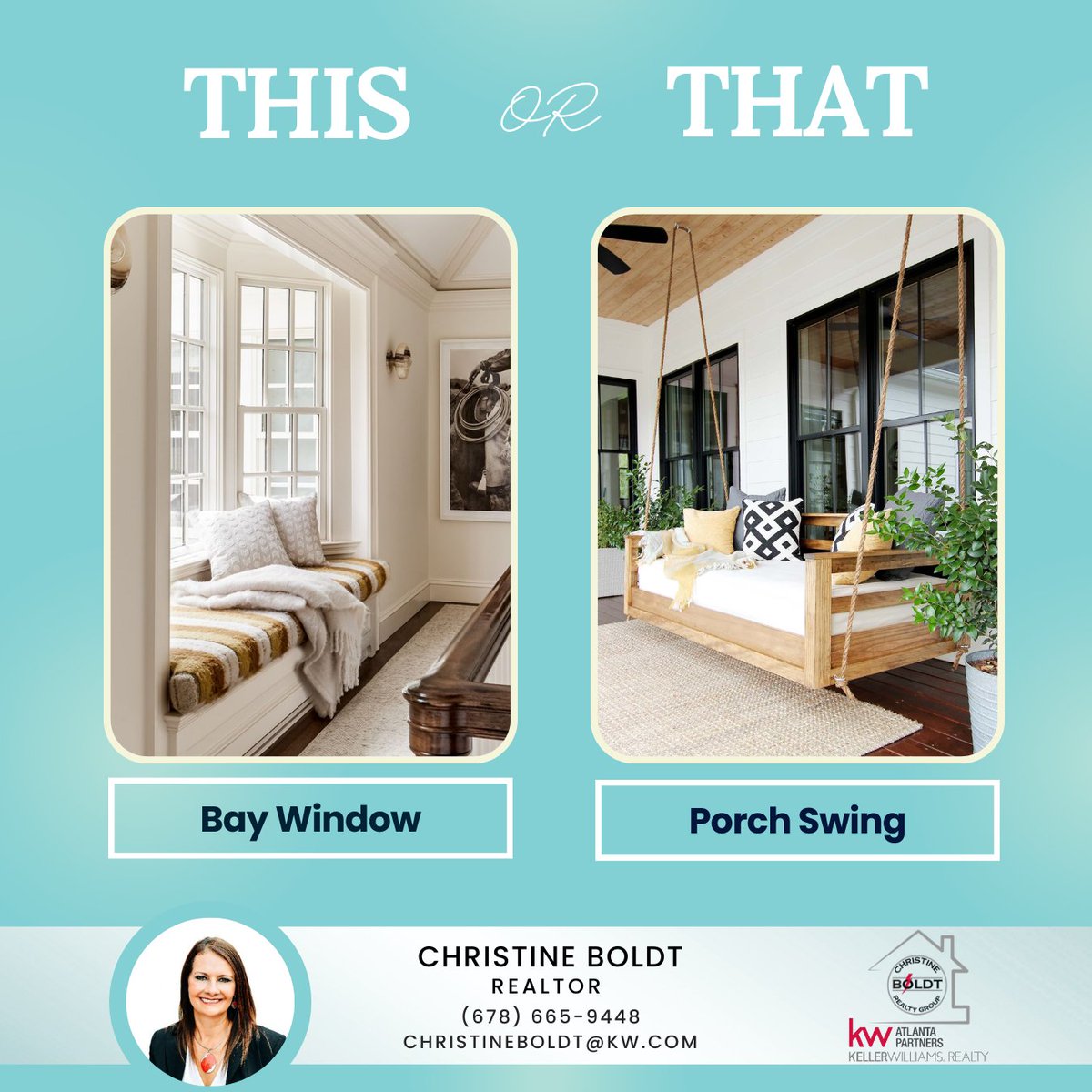It's all about finding that perfect spot to unwind. 🪟🪴

Are you team #PorchSwing for the cozy sway, or team #BayWindow for a scenic escape? 🏡🌅

#ChooseThursday #ThisorThat #PorchSwing #BayWindow #relaxingspot #realestateagent #realtorsofinstagram #christineboldtrealtygroup