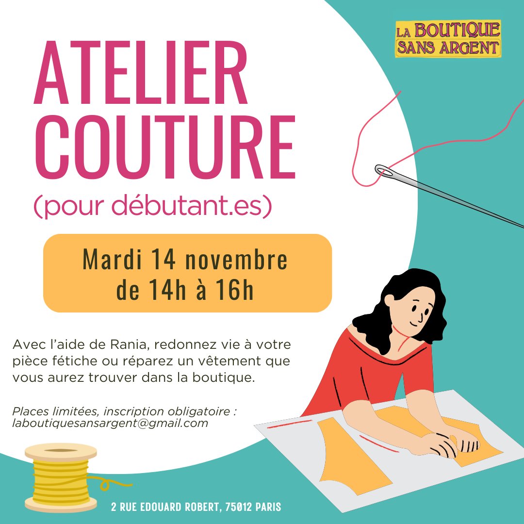 La Boutique Sans Argent vous propose un atelier couture le mardi 14 novembre de 14h à 16h.  docs.google.com/forms/d/e/1FAI…