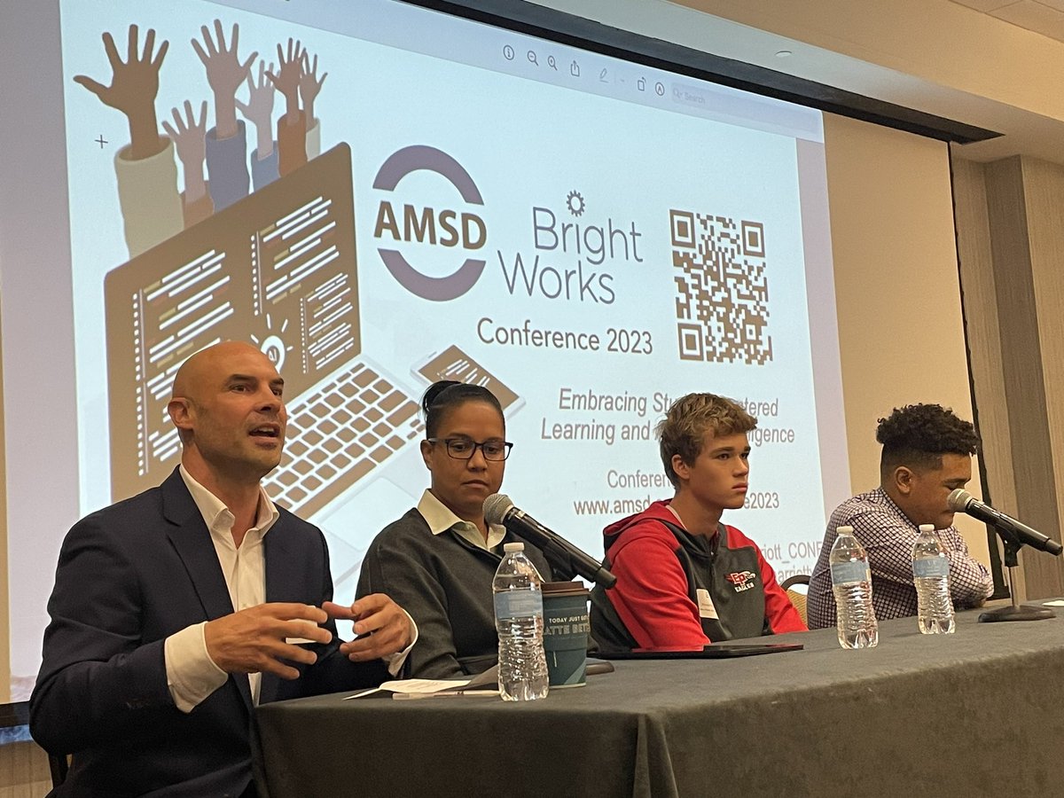 amsdmn's tweet image. Great panel discussion with students and educators at the @amsdmn/@BrightWorksMN 2023 conference—about the benefits, and challenges, of the use of #AI in the classroom and its impact on #StudentCenteredLearning. More at AMSD.org/conference2023