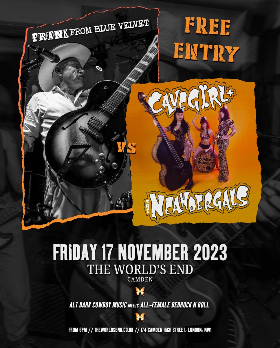 worldsendcamden's tweet photo. FREE ENTRY ‼️ Frank from Blue Velvet and CaveGirl &amp; The Neandergals storm The World's End on Fri 17 November! Bringing alt-dark cowboy tunes and all-femable Bedrock n Roll to the stage. Huge bar, huge atrium, space for all, see you there!

🎫 https://t.co/TKnCa6BoFE https://t.co/BBr2adTpZb
