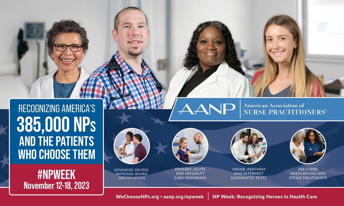 AANP_NEWS's tweet image. Happy #NPWeek! NPs offer clinical expertise, disease prevention and health management, bringing a comprehensive perspective to health care. Nov. 12-18, thank an NP and help celebrate the many benefits of NP-delivered care: aanp.org/npweek. #NPsLead