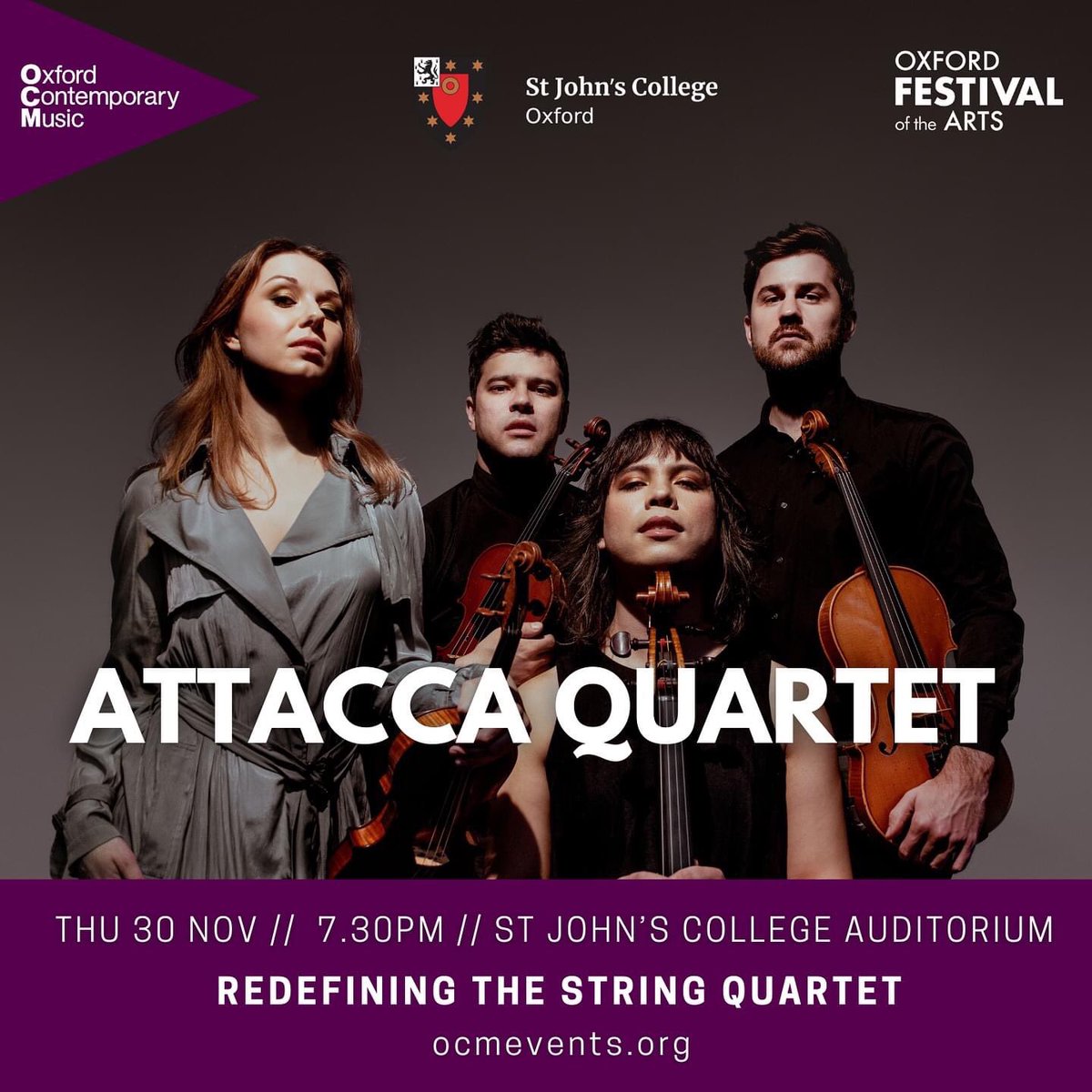 Dr Michelle Castelletti (@m_castelletti) on Twitter photo Following our <a href="/ArtsFestOxford/">Oxford Festival of the Arts</a> <a href="/OCMEVENTS/">OCM</a> collaboration w/ <a href="/JobyBurgess/">Joby Burgess</a>, we now bring <a href="/AttaccaQuartet/">Attacca Quartet</a> to <a href="/StJohnsOx/">St John's College</a>
Thurs 30 Nov, 7.30pm w/ a programme ranging “from calm to frenzied”, incl. <a href="/philipglass/">Philip Glass</a>
‘Exuberant, funky & nuanced.’ <a href="/nytimesmusic/">New York Times Music</a>
🎫: artsfestivaloxford.org/events/attacca… Following our <a href="/ArtsFestOxford/">Oxford Festival of the Arts</a> <a href="/OCMEVENTS/">OCM</a> collaboration w/ <a href="/JobyBurgess/">Joby Burgess</a>, we now bring <a href="/AttaccaQuartet/">Attacca Quartet</a> to <a href="/StJohnsOx/">St John's College</a>
Thurs 30 Nov, 7.30pm w/ a programme ranging “from calm to frenzied”, incl. <a href="/philipglass/">Philip Glass</a>
‘Exuberant, funky & nuanced.’ <a href="/nytimesmusic/">New York Times Music</a>
🎫: artsfestivaloxford.org/events/attacca…
