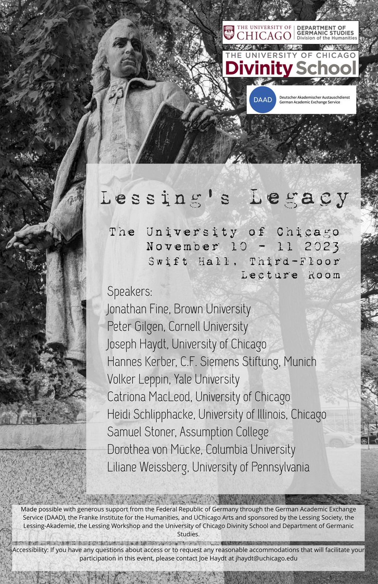 jonathanbfine's tweet image. The Lessing’s Legacy conference co-organized by @HannesKerber, Joe Haydt, and me starts tomorrow @UChicago!

Thank you to the Department of Germanic Studies, @UChiFrankeInst, @UChiDivinity, and @DAADnewyork for their support!