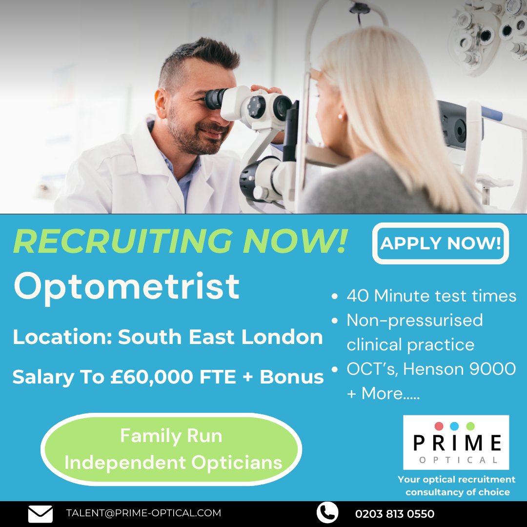 PrimeOpticalRec's tweet image. 👀#Optometrist #Job Opportunity - family run independent #opticians practice - South East #London 👀

Salary To £60,000 FTE + Bonus

👓Testing around 11 to 12 patients each day
👓Double Clinic

Click here bit.ly/462GPul for the advert details and to apply.