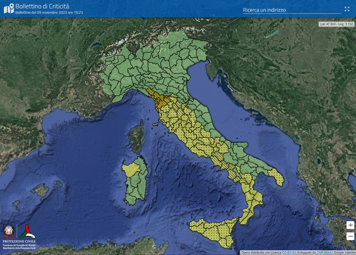 🌧️⛈️ Piogge e temporali al Centro-Sud
🔔🟠 #allertaARANCIONE, venerdì #10novembre, per rischio idrogeologico su settori della Toscana
🔔🟡 #allertaGIALLA in 11 regioni.
🔎 Leggi l'avviso meteo del #9novembre 👉 bit.ly/9nov23Avviso 
#protezionecivile
