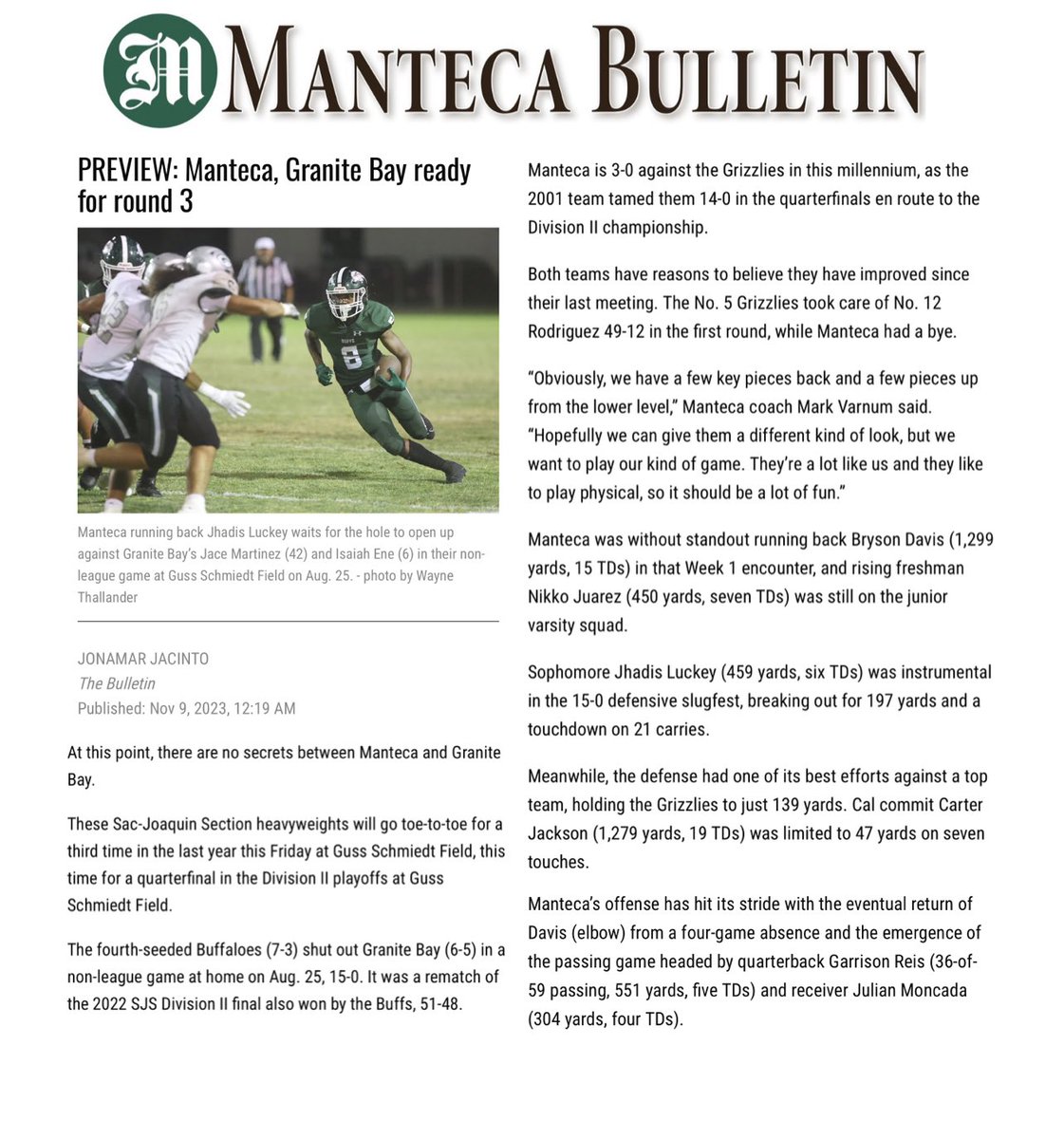 Playoff preview @MantecaSports Manteca High vs Granite Bay @ABCJAMPro will be covering the matchup on @NFHSNetwork @JuJu_Moncada @drak0mula @_Bryson_davis_ @juarez_nikko @McMichaelBryson