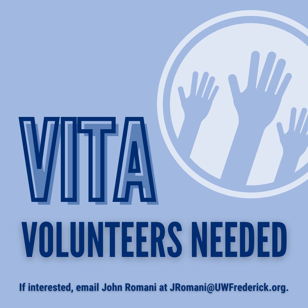 United Way Frederick (@unitedwayfred) on Twitter photo ⭐ VITA Volunteers Needed ⭐
🗓️ January 22, 2024 - April 15, 2024
📍 Bernard Brown Community Center, 629 N. Market Street, Frederick, MD 21701
If you're interested in becoming a VITA volunteer, please contact John Romani via email at jromani@uwfrederick.org. ⭐ VITA Volunteers Needed ⭐
🗓️ January 22, 2024 - April 15, 2024
📍 Bernard Brown Community Center, 629 N. Market Street, Frederick, MD 21701
If you're interested in becoming a VITA volunteer, please contact John Romani via email at jromani@uwfrederick.org.