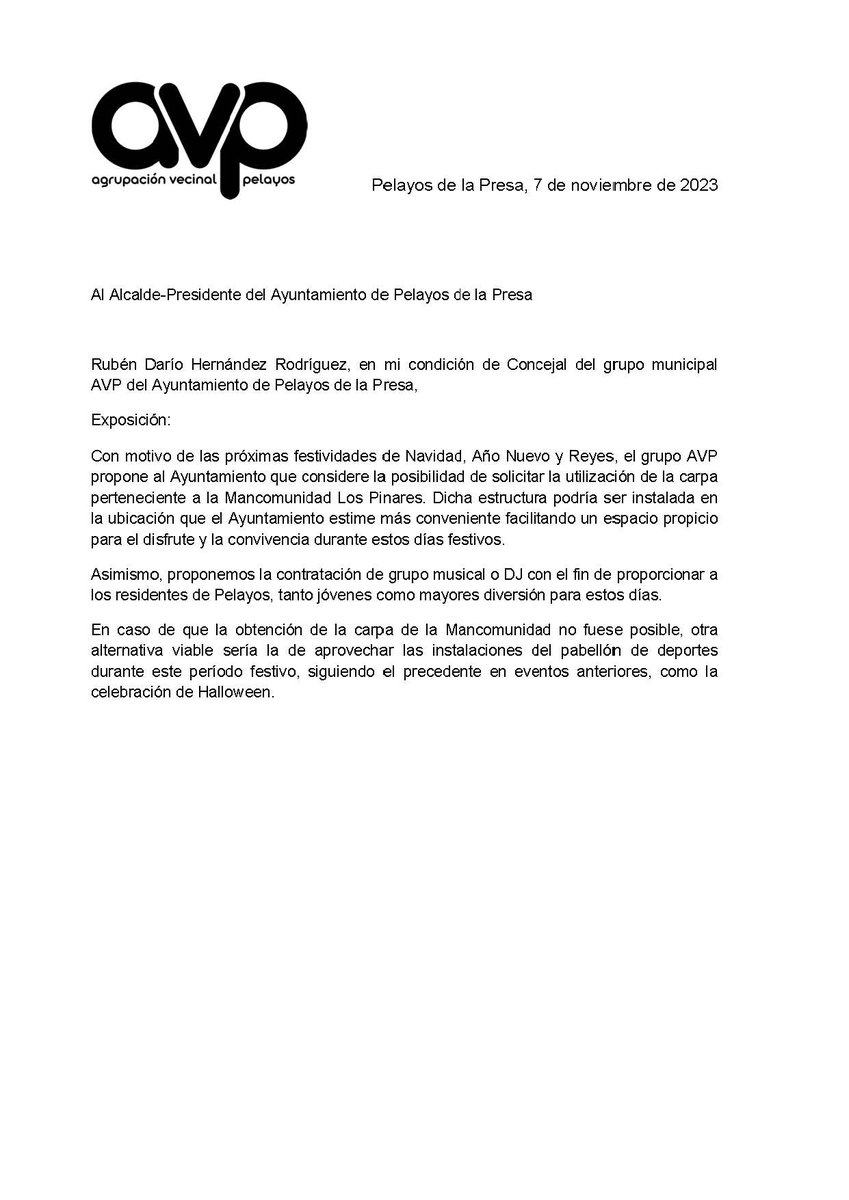 #noticia | La agrupación de Vecinos de #PelayosdelaPresa (@AVPelayos ) eleva un escrito al equipo de gobierno del ayuntamiento para realizar actividades de #Navidad en la carpa de la mancomunidad Los Pinares o en el propio polideportivo de la localidad.