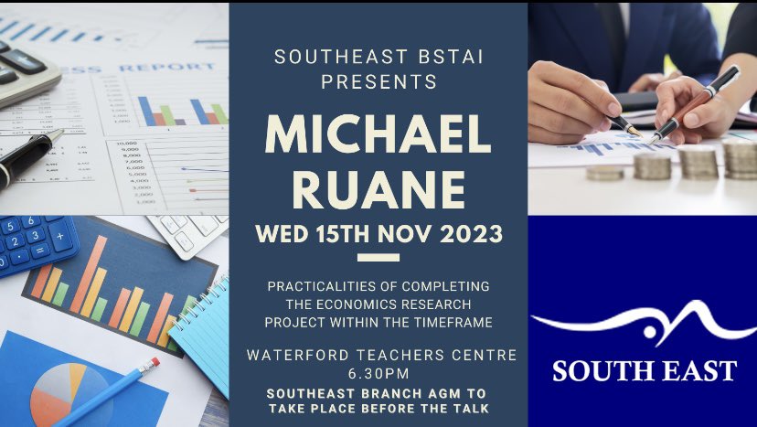 Date for your diary! AGM to take place at 6:30 followed by @LCEconomicsNow 
Please email southeast@bstai.ie for registration link
#LCEconomics