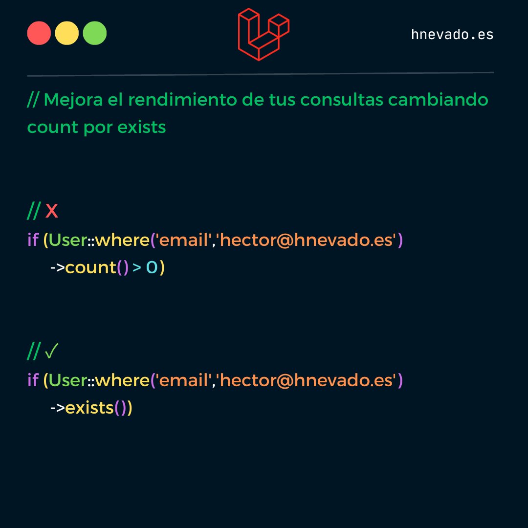 hnevadodev's tweet image. ▶ Optimiza tus consultas ◀
La función EXISTS deja de evaluar la subconsulta tan pronto como encuentra el primer registro coincidente. Por el contrario, la función COUNT() necesita escanear la tabla para contar el número de filas coincidentes.
#php #tipsLaravel #tipsPHP