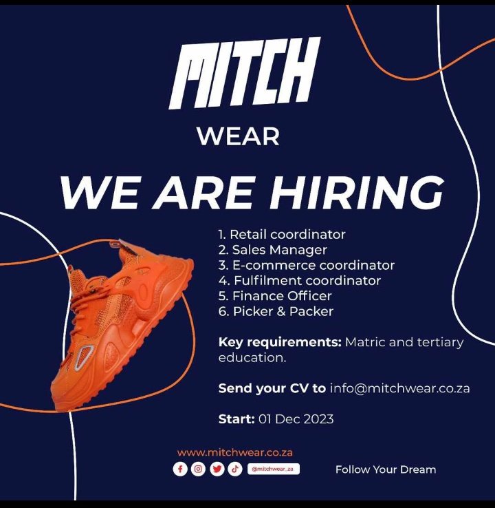 We are actively hiring! 

Kindly share this post with anyone you think might be interested in joining us.

#mitchwear_za #mitchwear #jobopportunity #jobvacancies