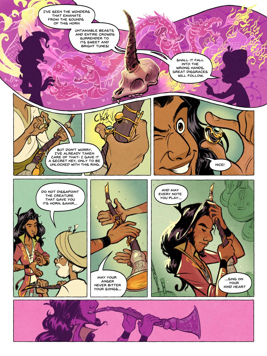 LaRilustra's tweet photo. The Shadhavar: a powerful instrument made from the horn of a mysterious unicorn, is now Samir's weapon of choice!

A short comic scene I made a while ago! https://t.co/7gGMUGzBoD
