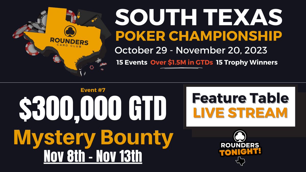 Today at 330pm we will be doing a FEATURE TABLE LIVE STREAM of the $300k Mystery Bounty event.

Tune in at youtube.com/@rounderstonig…
