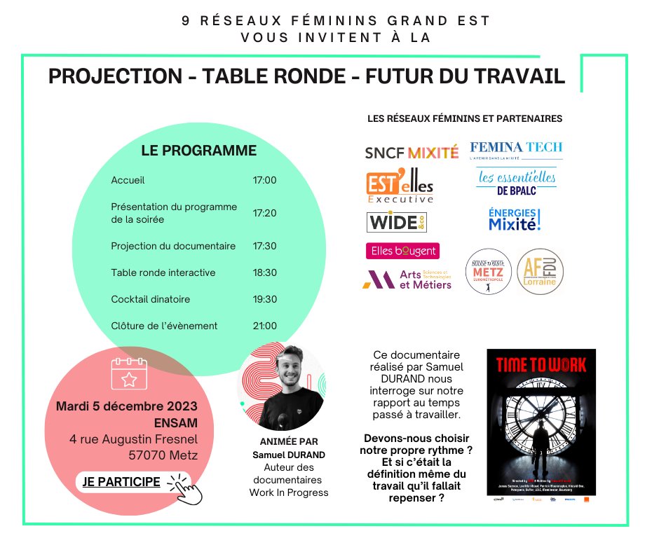 ⏰ #TicTac
#SNCFMixité co-organise un cycle d'événements en 2024 avec pour trame de fond le "Futur du travail".
 #FOW. Une soirée de lancement, gratuite et ouverte à toutes et tous, a lieu le 5 décembre prochain à Metz. 👉🏼 helloasso.com/associations/e…
