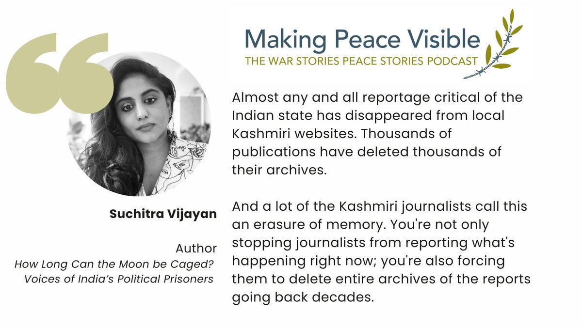 makingpeaceviz's tweet image. India's Hindu nationalist government revoked the special status of Jammu and Kashmir in 2019. Kashmiri journalists call what's happened since an "erasure of memory," says author @suchitrav. We spoke with her about the grim state of news under Modi. bit.ly/3MXIlaL