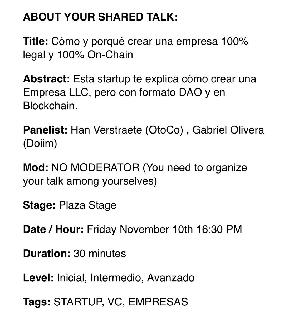 otoco_io's tweet photo. Más detalles: compartiendo la Plaza Staga mañana 10 de nov a las 16:30 con @gabriel_o hablando de OtoCo en Español y Portugués para nuestra comunidad de buidlers en LatAm @labitconf en nuestro Querido Buenos Aires https://t.co/H2t6hB8FES