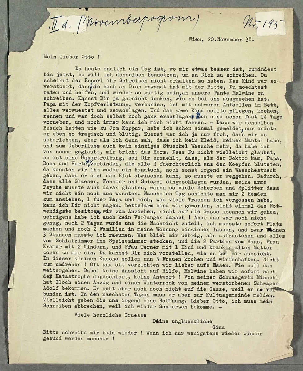 wienerlibrary's tweet photo. "You cannot imagine what it looked like here."
This letter from our archive recounts a family's experiences of #Kristallnacht in Vienna, November 1938.
The writer describes how her husband was beaten and their property destroyed. #TestifyingToTheTruth https://t.co/qwwFp3QLdM https://t.co/qk7C4q6ty7