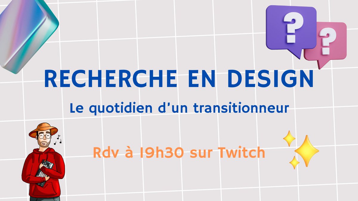 C'est quoi de la recherche en design ? <a href="/theophile_chv1/">Théophile</a> vous raconte son quotidien d'étudiant designer de transitions ! 

🔴twitch.tv/chercheurdemon…

Rendez vous à 19H30 pour un peu de blabla et puis on partira à la découverte d'un nouveau jeu :)