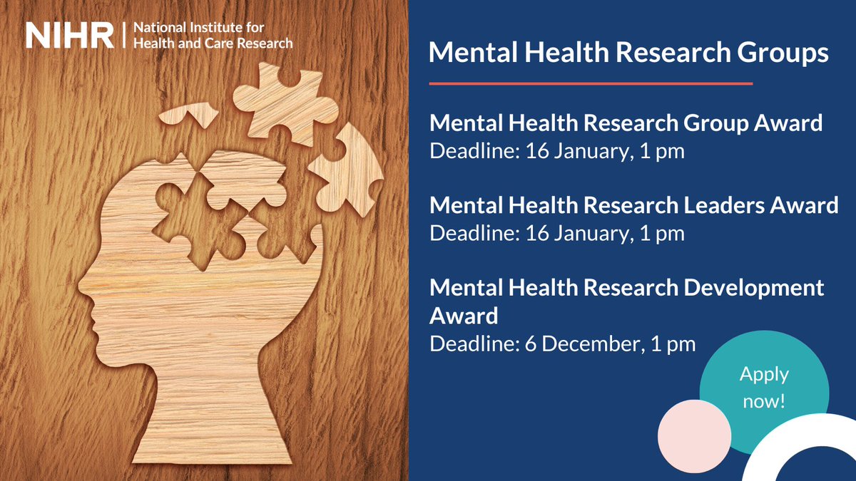 Our Mental Health Research Groups Awards are open for applications! We are establishing up to 10 NIHR Mental Health Research Groups across England in target areas. Apply now: nihr.ac.uk/funding/?custo…