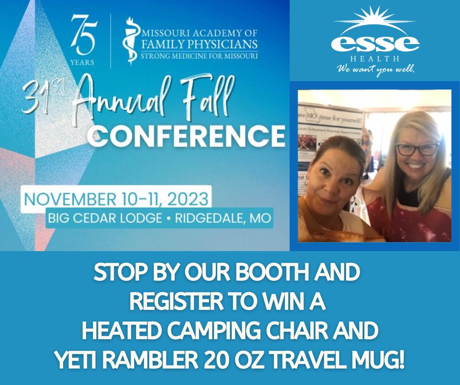 HealthEsse's tweet image. Stop by and visit with our Physician Recruiters at the MAFP Annual Fall Conference this weekend at Big Cedar Lodge and register to win a heated camping chair and YETI Rambler 20oz travel mug! #EsseHealth #MAFP #FamilyMedicine #MOFamilyDocs #MedicalEducation
