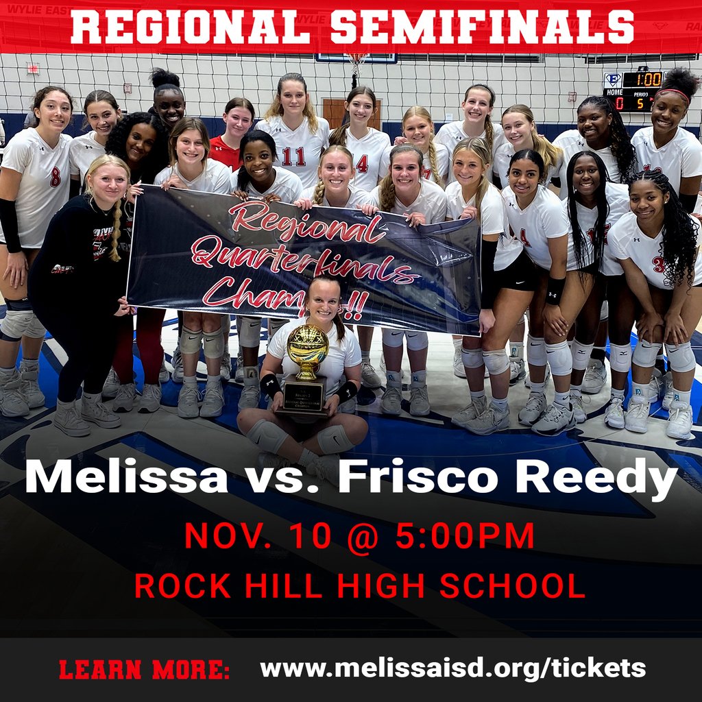 Road to State: The Lady Cardinals will face Frisco Reedy in the Regional Semifinals of the UIL 5A Volleyball Playoffs at 5:00 p.m. on Friday, Nov. 10 at Rock Hill HS. For game information and to purchase tickets, visit melissaisd.org/tickets. Let's Go Cardinals!! 🏐🎉 #RedRed