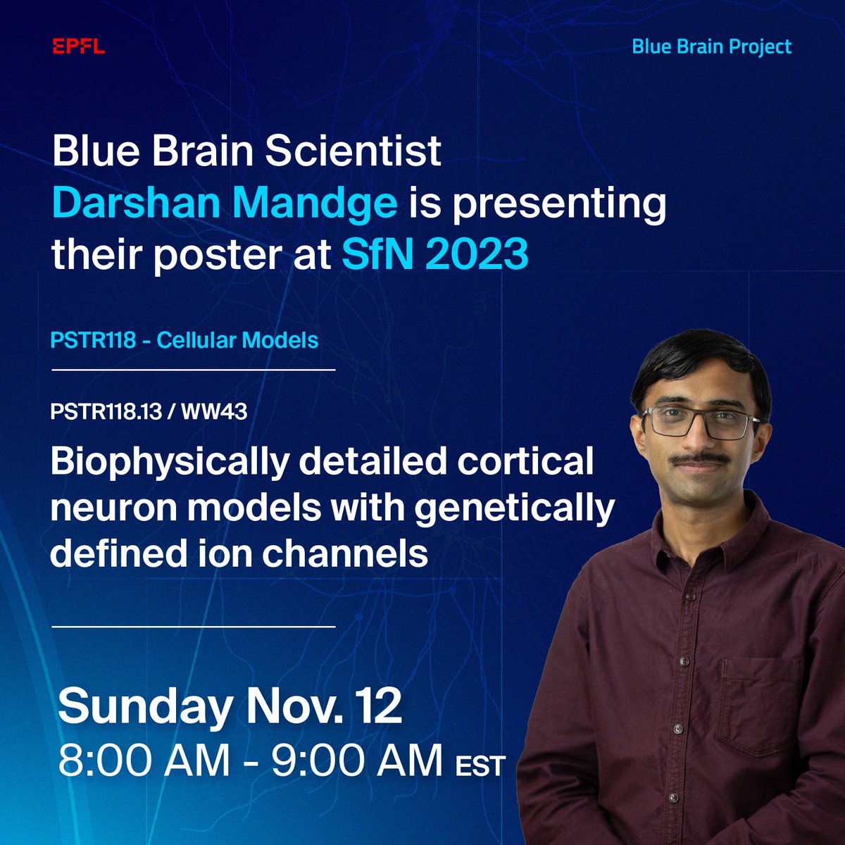 BlueBrainPjt's tweet photo. Sunday, Blue Brain scientist @darshanmandge is presenting their poster at Neuroscience 2023
- Biophysically detailed cortical neuron models with genetically defined ion channels - Catch them there!

👉 – https://t.co/jNF3Eaya1g

#simulationneuroscience @SfN_events #SfN23 https://t.co/K2UU7hhnUs