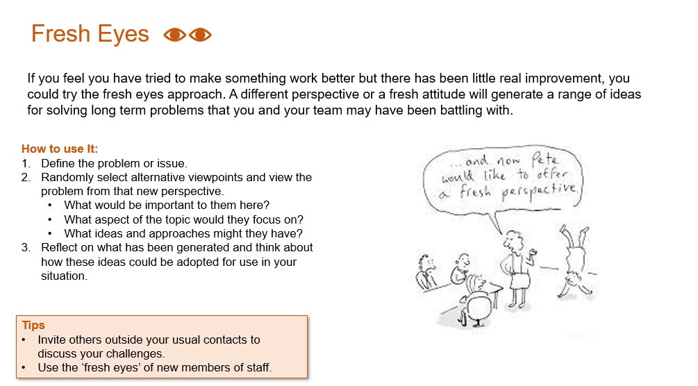 We naturally view situations based on our own perspective and experiences. A 'fresh pair of eyes' brings a new perspective to the situation and helps to generate new ideas. #fresheyes #qualityimprovement
