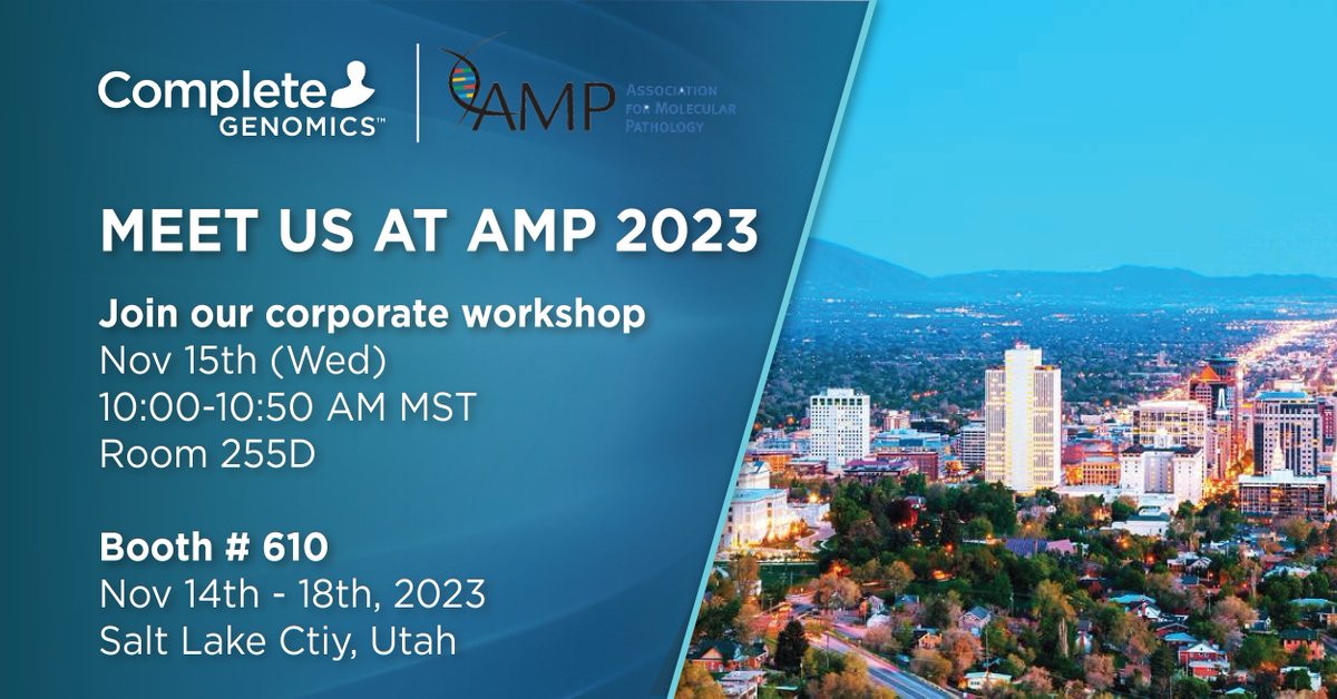 Meet us at AMP Annual Meeting & Expo next week! Join our workshop on Nov 15th, 10:00-10:50AM MST, and stop by our booth #610 for the DNBSEQ-G99 Demo during Nov 16-18th. Look forward to seeing you in Salt Lake City! #AMPath23 #NGS #Sequencing #DNBSEQ #research #CompleteGenmonics