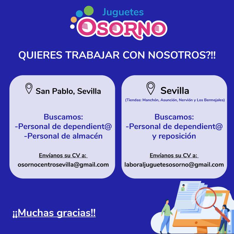 Seviempleo's tweet photo. 📣  Juguetes Osorno busca personal para trabajar en sus tiendas de Sevilla

🗺️  #EmpleoSE #SevillaEmpleo

 vía @OsornoSL  👉  https://t.co/4nPJ0dl4CD https://t.co/bO0speMMbn