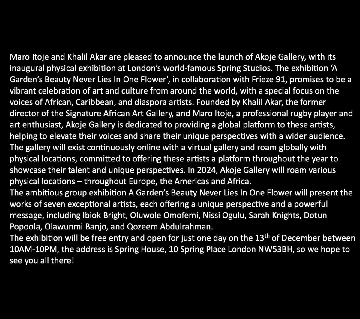 Delighted to launch Akoje Art Gallery!! Look forward for this gallery to be another vehicle to celebrate African art all over the world!! 🌎🌎✨✨ @SpringStudios @friezeofficial