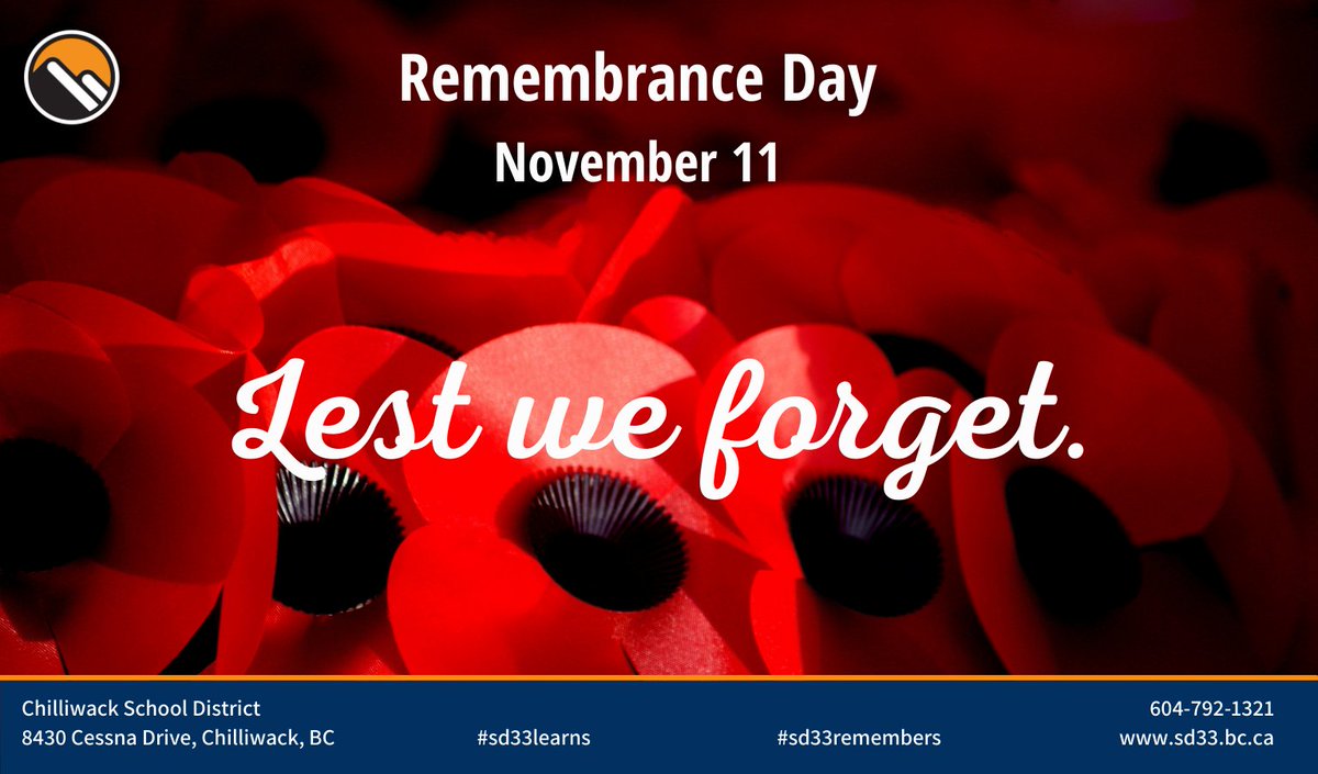 Today students and staff will honour Canadians who sacrificed their lives for their country. Remembrance Day assemblies and the learning that takes place in preparation for them are deeply meaningful and impactful. Take time on November 11, to reflect and to remember. #SD33Learns