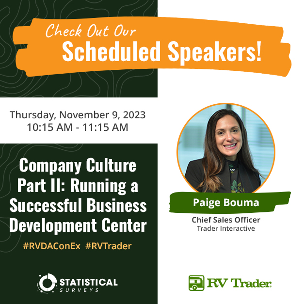 RVTrder's tweet image. #RVDA2023 Don’t miss our Chief Sales Officer, Paige Bouma, as she outlines essential strategies for unifying your dealership across multiple departments, emphasizing the significance of a robust #BusinessDevelopmentCenter! 

Learn more about it here! 👉 pages.rvtrader.com/rvda2023