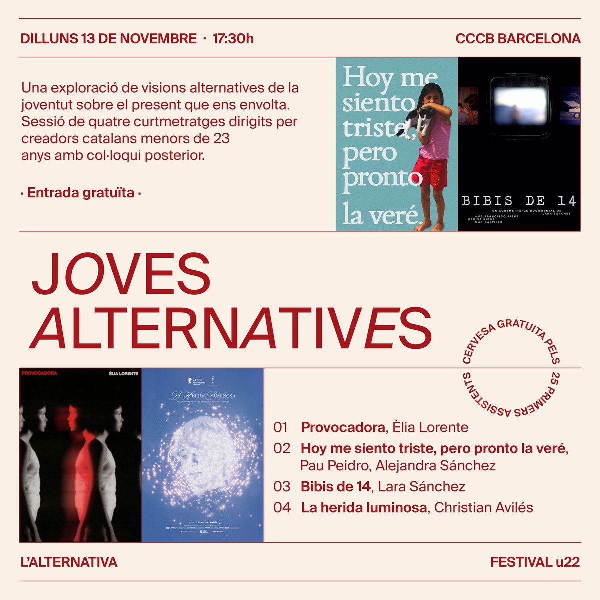 'Joves alternatives' a la 30a edició de l'<a href="/alternativafest/">L'Alternativa Fest</a> ✨

Sessió gratuïta amb projecció de 4 curtmetratges joves i col•loqui amb els seus creadors!

📅 DLL 13 NOV - 17:30h 📍CCCB Barcelona

🍻Cerveses gratuïtes pels primers 25 espectadors