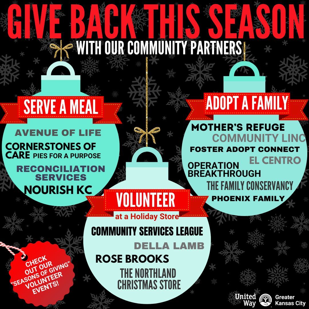 UnitedWayGKC's tweet photo. Give back this holiday season with our community partners! There are plenty of ways to volunteer whether it be serving a holiday meal, lending a hand or donating gifts. 

Check out our list of ways to give back, including our upcoming Seasons of Giving: https://t.co/8bGcrcdu8Z https://t.co/8Ihx0Wq7Gj