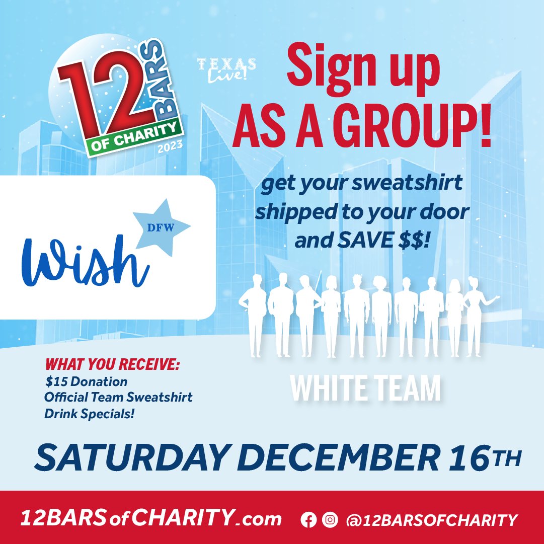 Gather your friends and make a difference with this charity bar crawl in Arlington! 

Sign up as a group and choose Make-A-Wish as your team! Registration is NOW OPEN at 12barsofcharityarlington.myshopify.com!