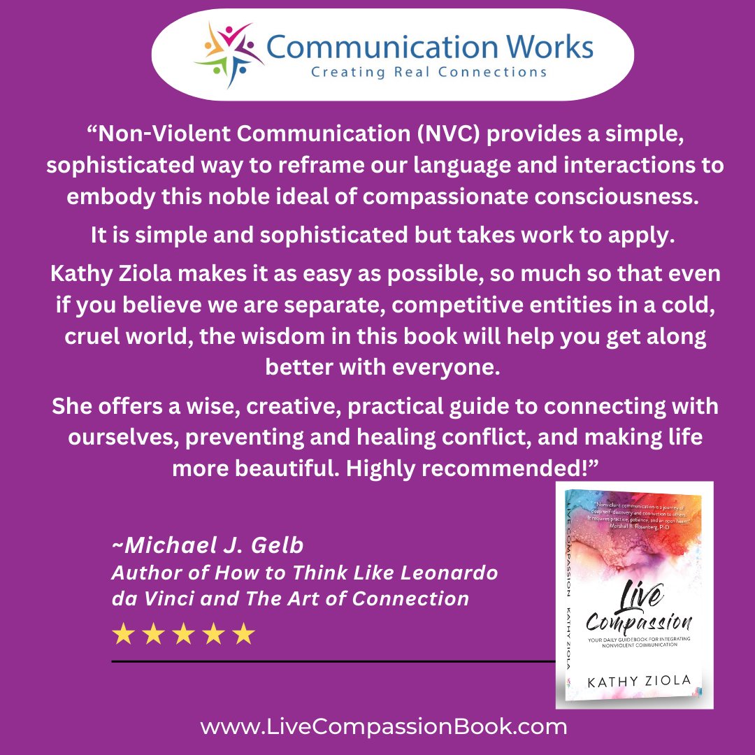 KathyZiola's tweet image. Thank you Michael Gelb for taking the time to pre-read my new book, &quot;Live Compassion&quot;. Here is what Michael had to say.. 

livecompassionbook.com

 #livecompassionbook #compassion #nonviolentcommunication #relationships #relationshiphelp #communication #peace #conflictresolution