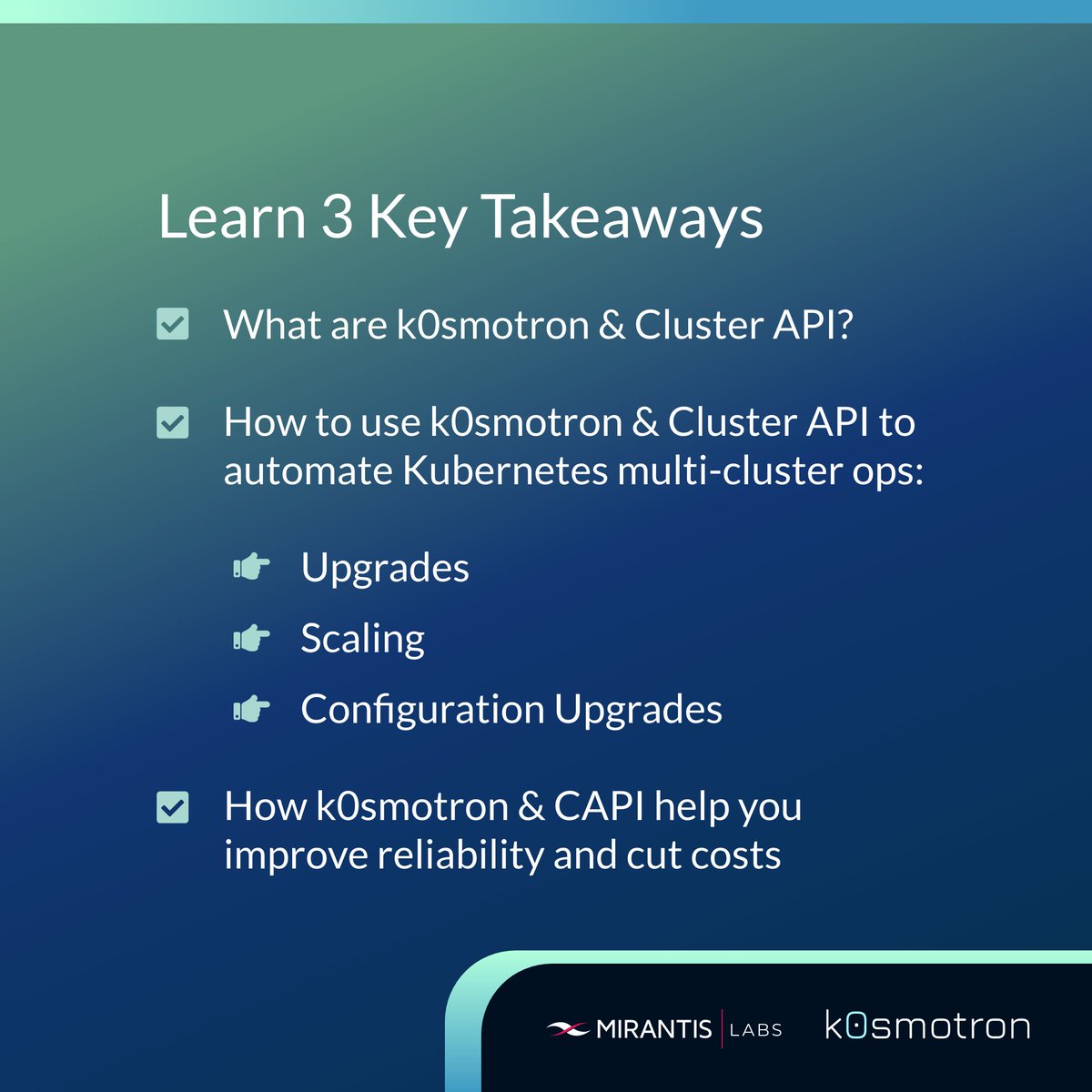 Don’t continue the status quo of difficult multi-cluster management. Streamline #Kubernetes ops before it gets out of control. Find out how k0smotron and Cluster API can help you improve reliability, cut costs, make life easier for your #DevOps team.✨ bit.ly/3tV5Udh