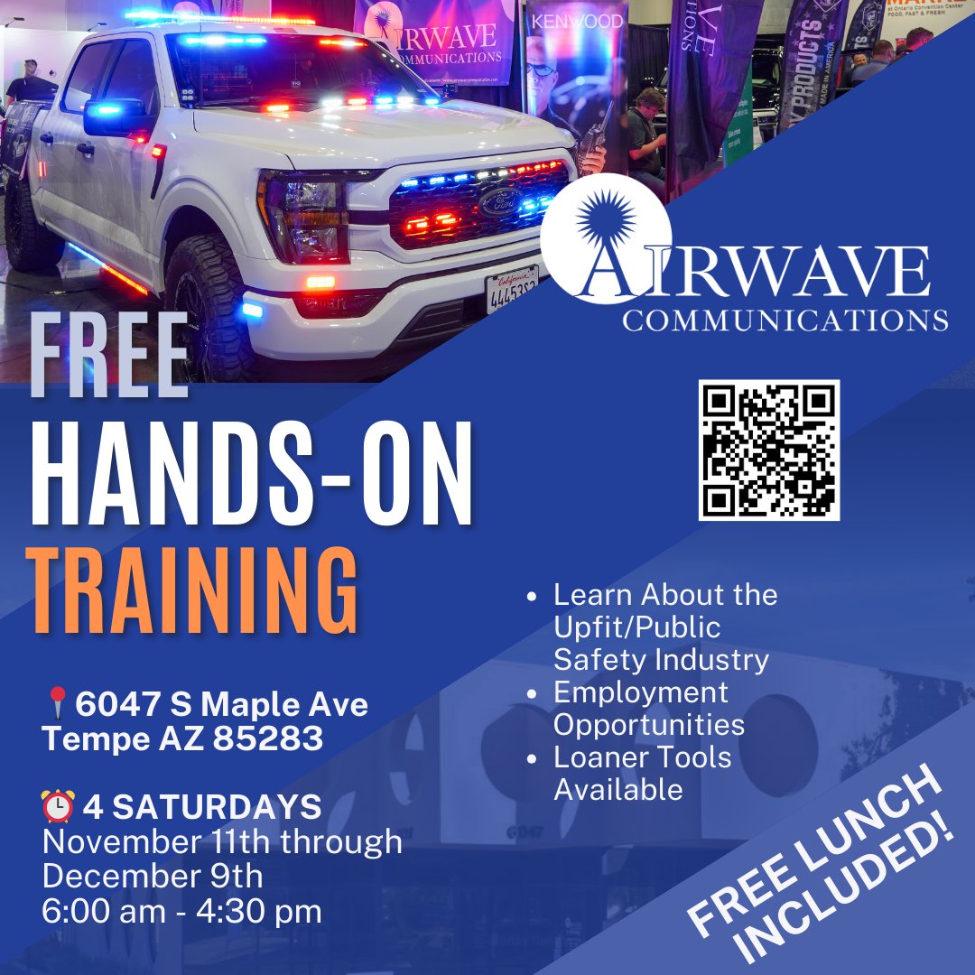 Airwave Communications Enterprise (@airwavecomm) on Twitter photo 🔔 Final Call: FREE Public Safety Vehicle Upfitting training in Tempe, AZ!
📆 Nov 11 - Dec 9 (Saturdays)
⏰ 6 AM - 4:30 PM
📍 6047 S Maple Ave, Tempe AZ
🔨 Tools provided + 🍔 Lunch on us!
Limited spots. RSVP now!
📧 j.hypolite@airwavecommunication.com
📞 (602) 809-2359 #TempeAZ 🔔 Final Call: FREE Public Safety Vehicle Upfitting training in Tempe, AZ!
📆 Nov 11 - Dec 9 (Saturdays)
⏰ 6 AM - 4:30 PM
📍 6047 S Maple Ave, Tempe AZ
🔨 Tools provided + 🍔 Lunch on us!
Limited spots. RSVP now!
📧 j.hypolite@airwavecommunication.com
📞 (602) 809-2359 #TempeAZ
