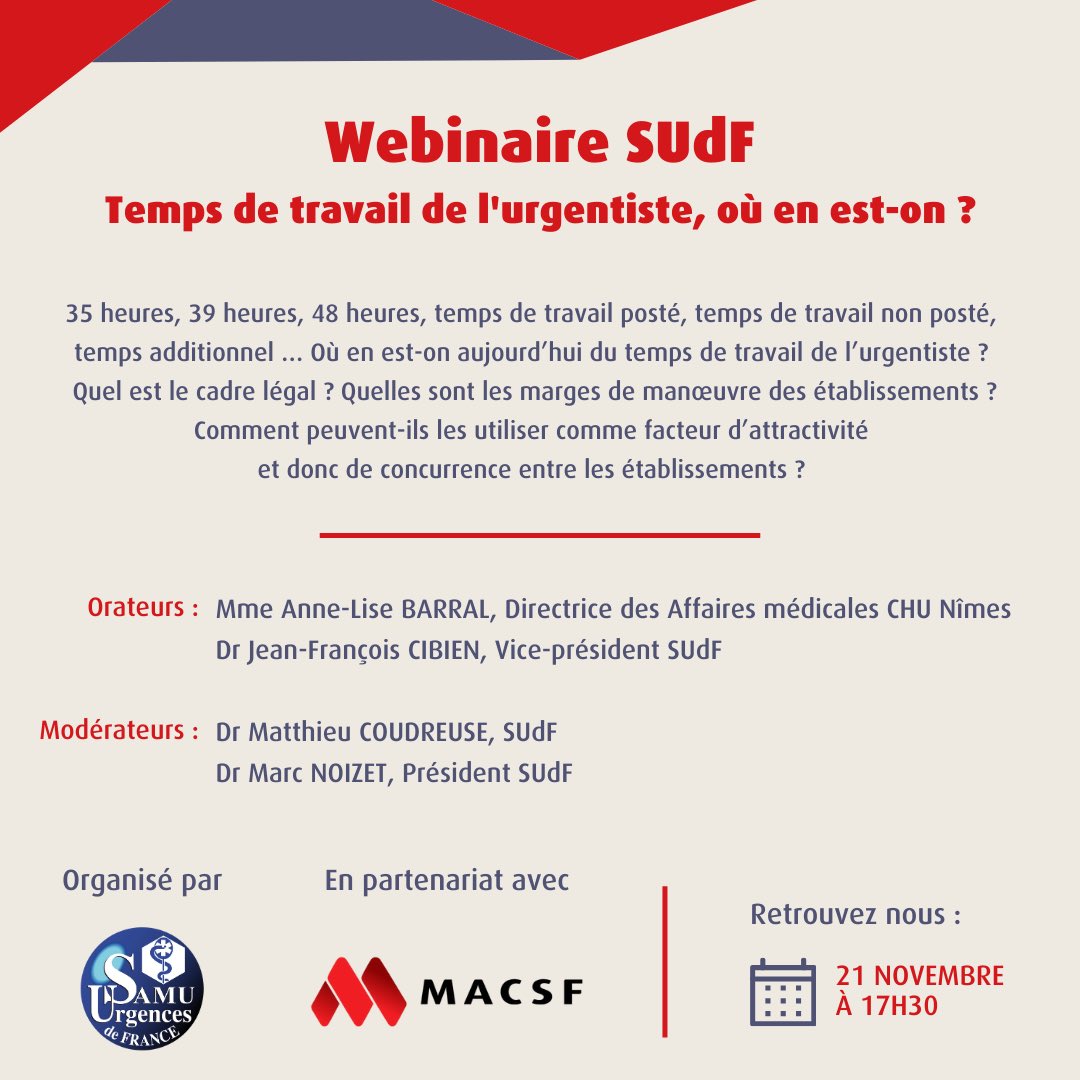 35 heures, 39 heures, 48 heures, temps de travail posté, non posté… Où en est-on dans le temps de travail des #urgentistes ? Quel est le cadre légal ? Participez à notre webinaire le 21 novembre à partir de 17h30. Inscriptions : events.teams.microsoft.com/event/9f5322d5…