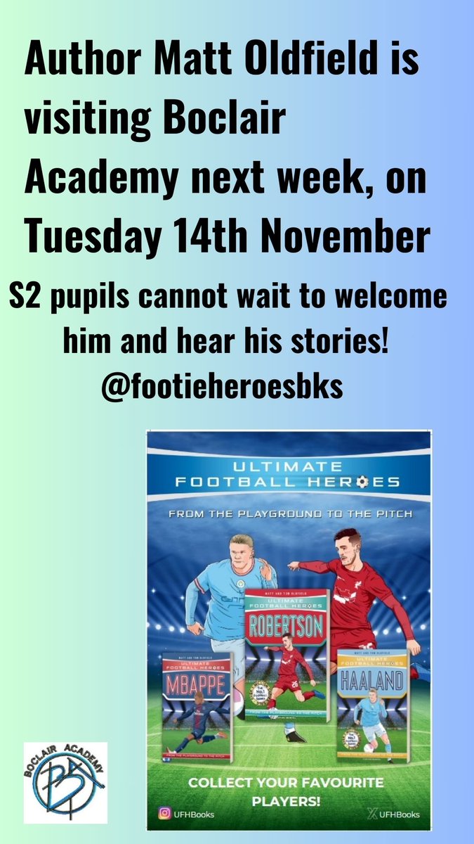 <a href="/BoclairAcademy/">Boclair Academy</a> is counting the days 'til Matt Oldfield (author of Ultimate Football Heroes) visits <a href="/BoclairEnglish/">Boclair Academy English Department</a> &amp; @Boclair_PEstaff have booked their seats too! Many thanks to @douglasacadlibfor organising <a href="/footieheroesbks/">Matt Oldfield</a>'s fabulous "Around EDC High schools tour"!