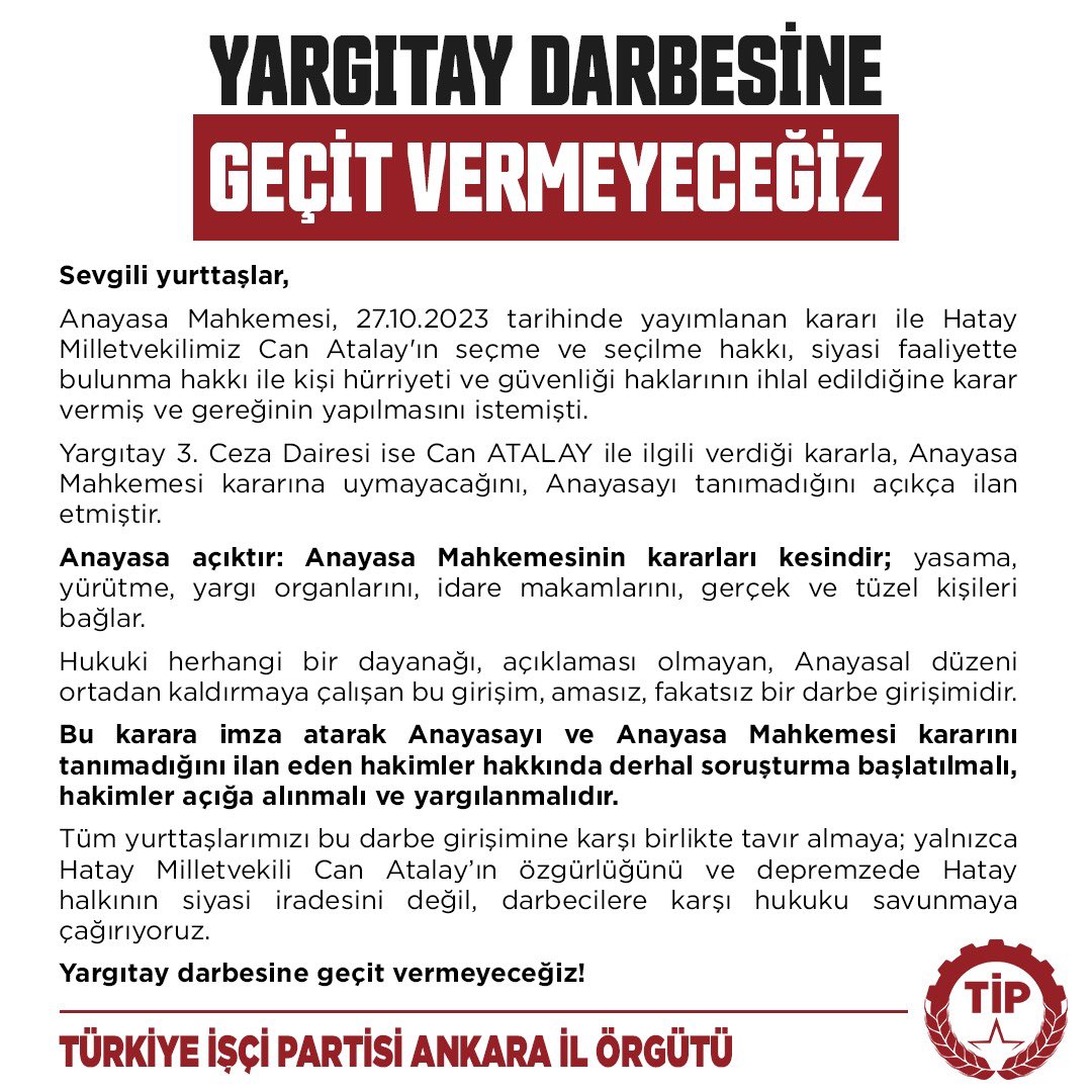 Yargıtay darbesine geçit vermeyeceğiz!

Anayasa açıktır: Anayasa Mahkemesinin kararları kesindir; yasama, yürütme, yargı organlarını, idare makamlarını, gerçek ve tüzel kişileri bağlar.

#CanAtalaySerbestBırakılsın
#YargıtayDarbesineGeçitYok