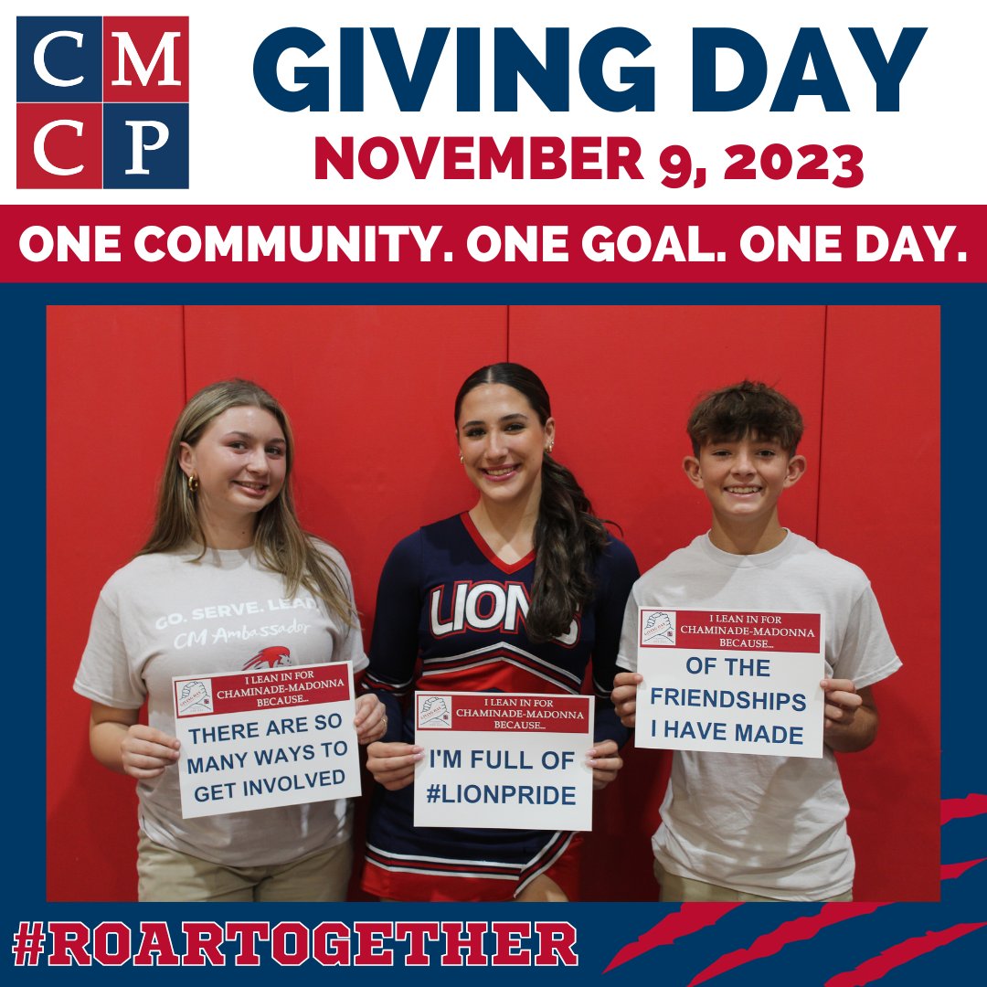 Your support on Giving Day is one of the most impactful ways to support current and future Lions. #LeanIn today for students like Miabella L. ‘26, Ana Sofia L. ‘26, and Max J. ‘26 who value their Catholic, Marianist education at CMCP. Donate here: givecampus.com/xgqf6v