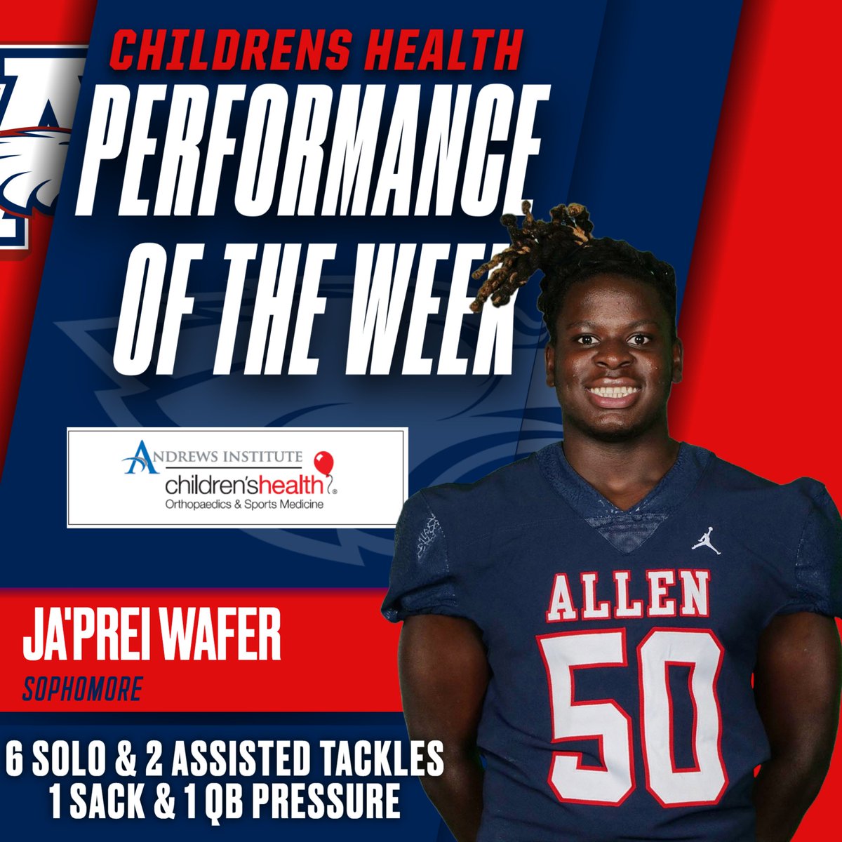AllenEaglesAth's tweet photo. One of our Children’s Health Performers of the Week for last week was sophomore Ja'Prei Wafer! He helped @alleneaglesfb wrap up the regular season with a win Thursday night!  @childrens  @Allen_ISD https://t.co/wX3v2xVJVm