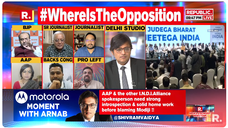 republic's tweet photo. #WhereIsTheOpposition | Union Environment Minister is busy campaigning for elections while 70 crore people of North India are struggling in severe air pollution: Reena Gupta (@Gupta_ReenaG), AAP Spokesperson
The Debate is now on-air. Tune in and fire in your views, Arnab will read it out #LIVE during the Motorola moment - https://t.co/eRNOeVxX2i
#2024Elections #Congress #NitishKumar #NitishSexTalk #BJP #PMModi #MahuaMoitra #Arnab #ArnabGoswami