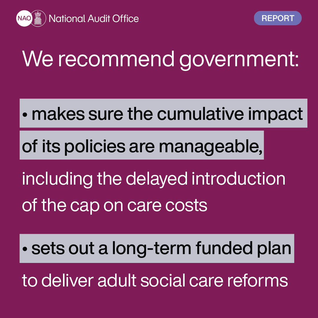 NAOorguk's tweet photo. Two years into its ten-year plan to improve adult social care, government faces numerous challenges, ranging from spending to delivery.

It has scaled back the short-term ambitions set out in its December 2021 White Paper.

More: https://t.co/CCXJpF4rpM