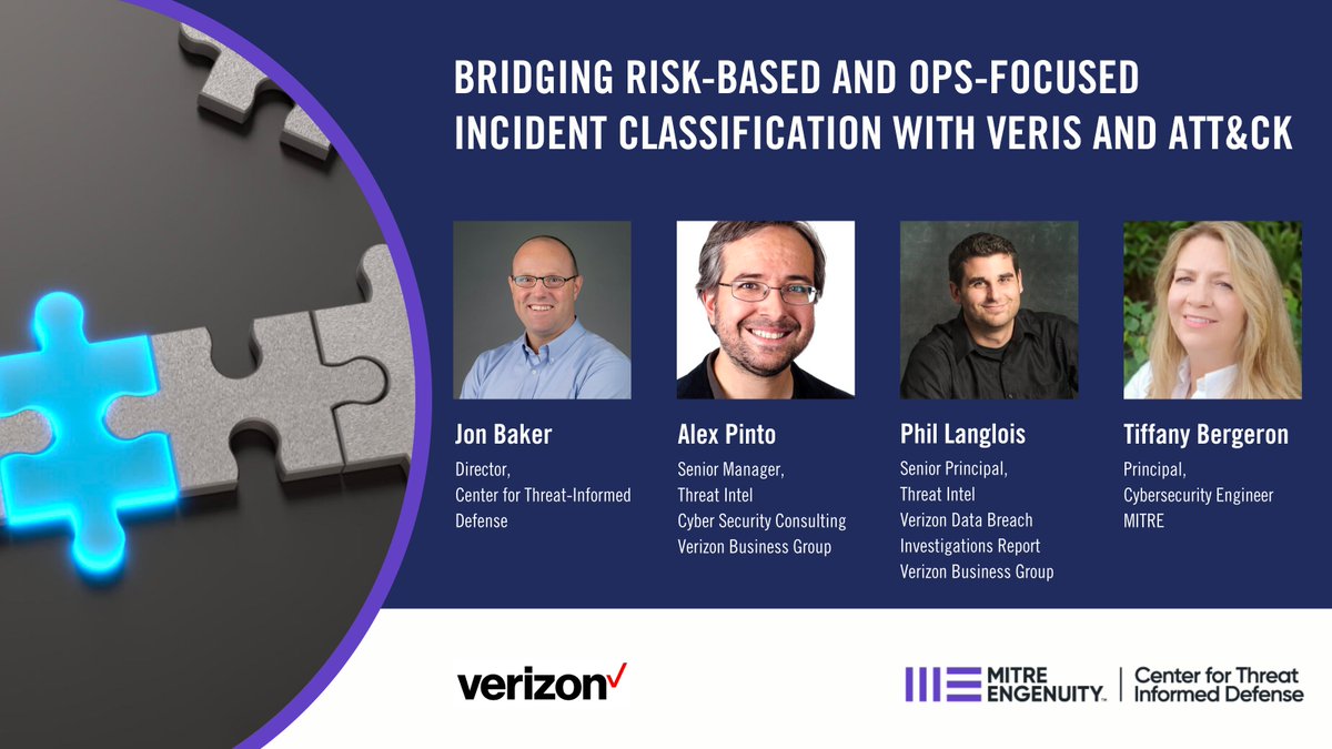 Watch the latest Center for Threat-Informed Defense webinar with Alex Pinto and Phil Langlois from Verizon Business Group, and the Center's Jon Baker and Tiffany Bergeron, covering the #MITREATTACK integration into #VERIS project hubs.ly/Q028lzvZ0